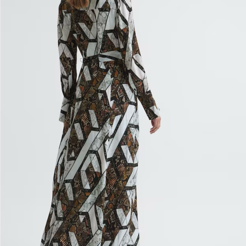 £268 NWT Reiss Loren Snake Print Plunge Maxi Dress Brown US 4 - Picture 2 of 16